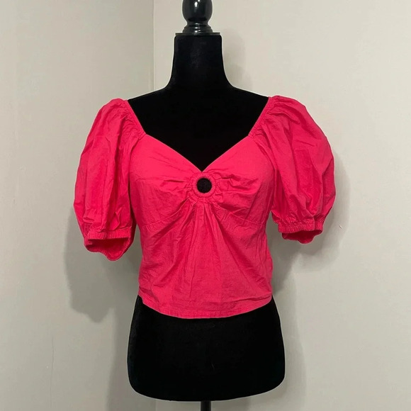 Sim & Sam Hot Pink Puff Sleeve Blouse Top With Cutout at Chest - Picture 1 of 11